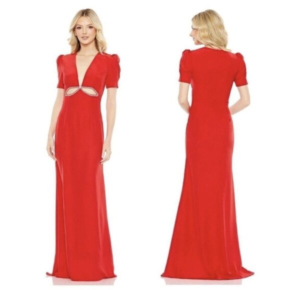 Ieena for Mac Duggal Dress Womens 2 Red Gown Rhinestone Cutout Maxi Formal NWT - Picture 1 of 11